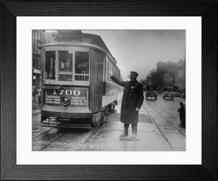 Framed Print : Traffic Cop in Harlem Talking to Trolley Driver Framed Print : Traffic Cop in Harlem Talking to Trolley Driver