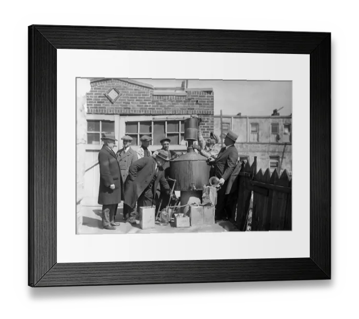 Framed Print : Prohibition Authorities with Captured Still in New York City Framed Print : Prohibition Authorities with Captured Still in New York City