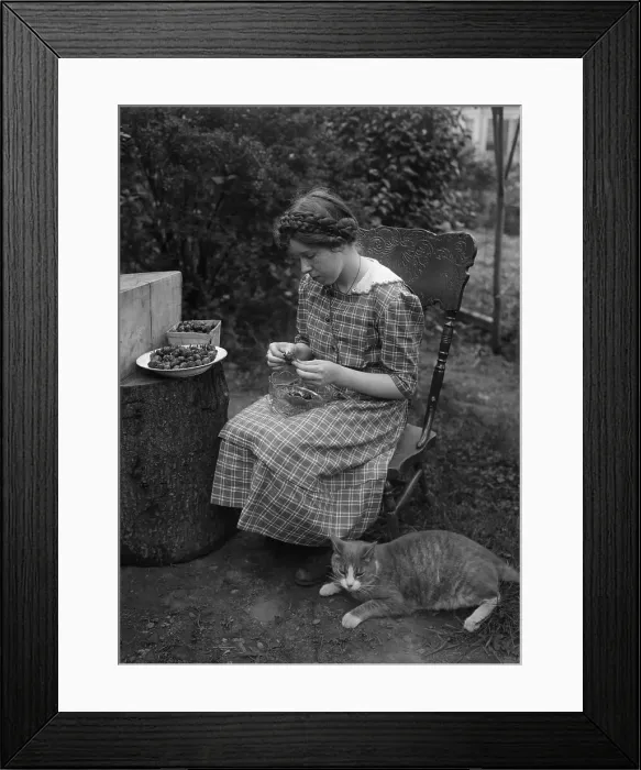 Framed Print : Young woman stoning prunes with cat laying beside Framed Print : Young woman stoning prunes with cat laying beside