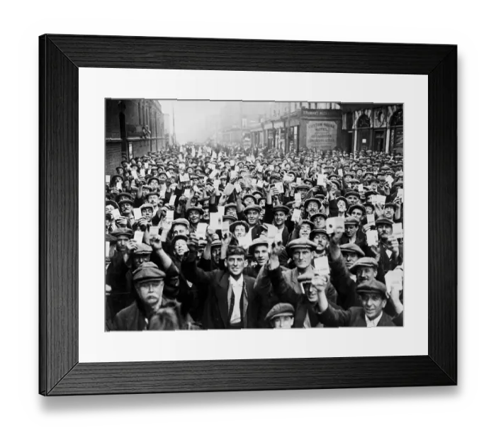 Framed Print : Crowd of Dock Workers Holding Up Cards