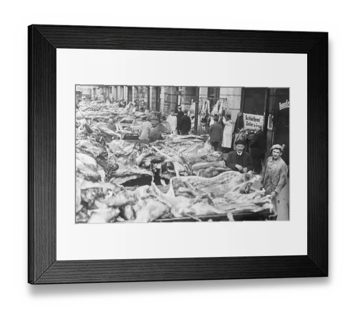 Framed Print : Slaughter House Workers and Their Products on Display