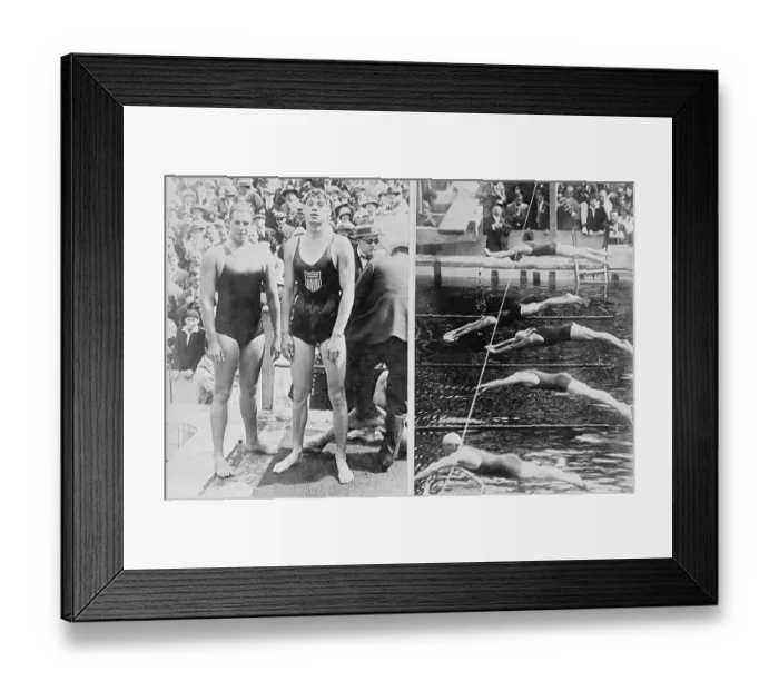 Framed Print : Swimmers Johnny Weissmuller and Andrew Charlton at Competition Framed Print : Swimmers Johnny Weissmuller and Andrew Charlton at Competition