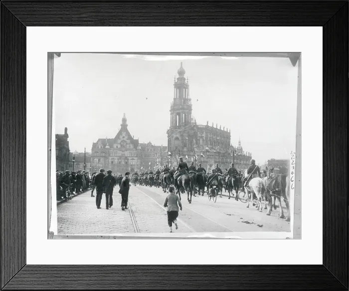 Framed Print : Soldiers on Horseback Pass Streets Filled With Citizens Framed Print : Soldiers on Horseback Pass Streets Filled With Citizens