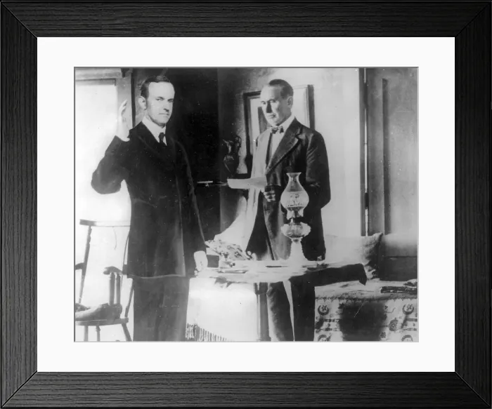 Framed Print : Calvin Coolidge Raising Hand for Oath Framed Print : Calvin Coolidge Raising Hand for Oath