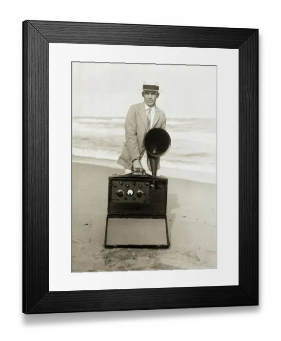 Framed Print : Inventor Edwin H. Armstrong on Beach with Radio Framed Print : Inventor Edwin H. Armstrong on Beach with Radio