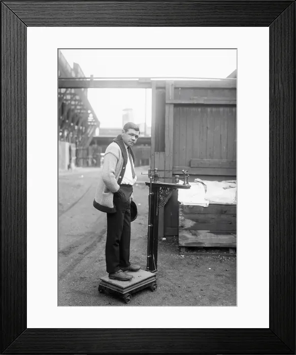 Framed Print : Babe Ruth Standing on Scale Framed Print : Babe Ruth Standing on Scale