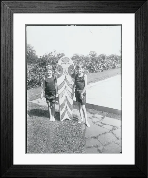 Framed Print : Socialite Children Posing with Their Surf Board Framed Print : Socialite Children Posing with Their Surf Board