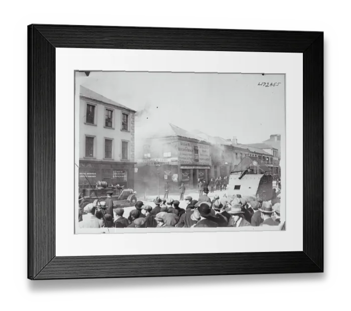 Framed Print : Crowd Watching Fire Brigade Extinguishing a Blaze Framed Print : Crowd Watching Fire Brigade Extinguishing a Blaze