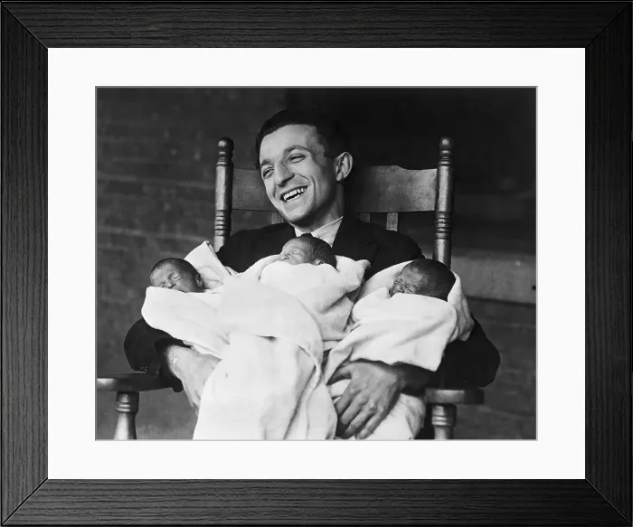 Framed Print : Father Holding His Three Children Framed Print : Father Holding His Three Children