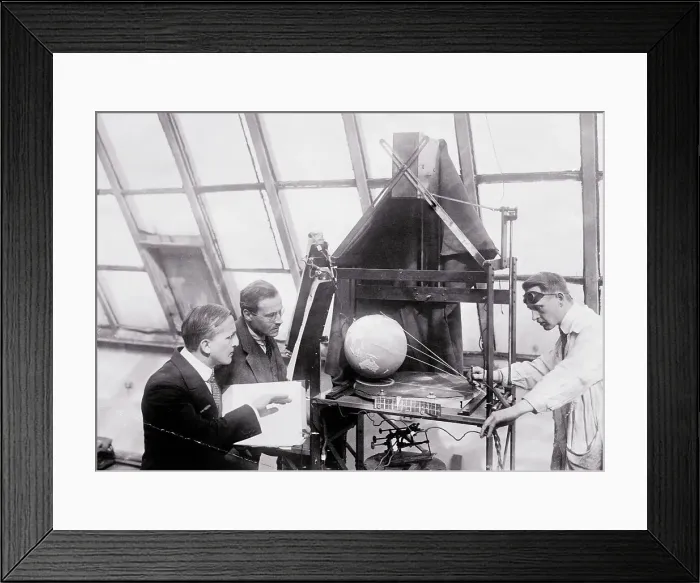 Framed Print : Scientists Making Film Tests of Globe Framed Print : Scientists Making Film Tests of Globe