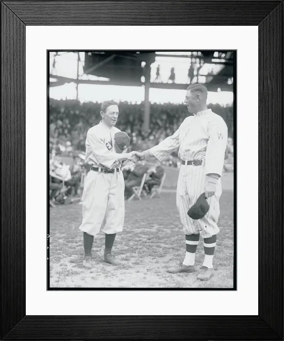 Framed Print : Washington Senators Manager Milan Shaking Hands with Manager Huggins