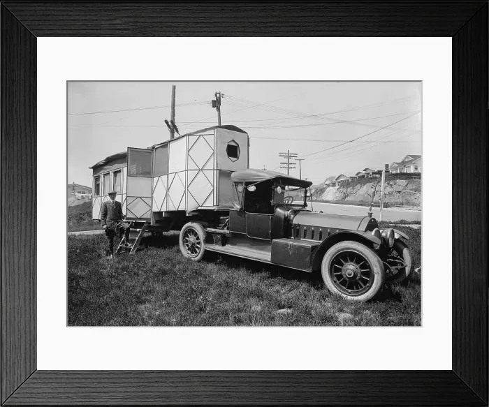 Framed Print : Man Posing with His Transportable Home Framed Print : Man Posing with His Transportable Home