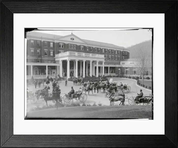 Framed Print : View of Horses with Carriages Outside Hotel Framed Print : View of Horses with Carriages Outside Hotel