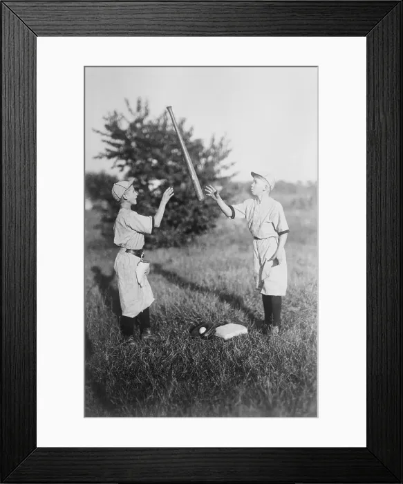 Framed Print : Two boys (10-12 years) playing with baseball bat. April 05, 1922 Framed Print : Two boys (10-12 years) playing with baseball bat. April 05, 1922