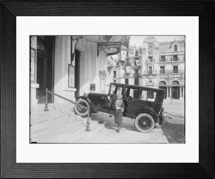 Framed Print : Woman and Automobile on Steps of Hotel