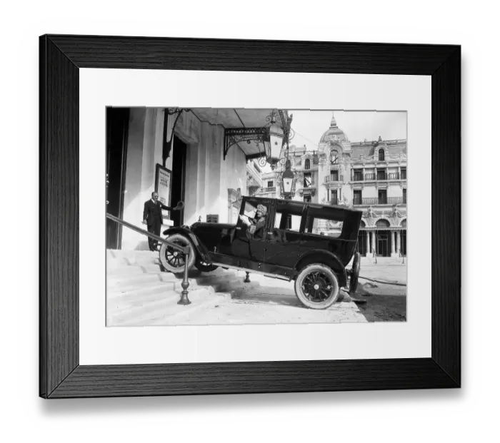 Framed Print : Actress Miss DuPont Driving Automobile Up Hotel Steps Framed Print : Actress Miss DuPont Driving Automobile Up Hotel Steps