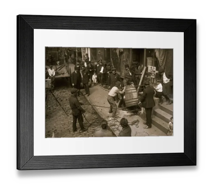 Framed Print : Police and Crowd Watching Men Remove Wine Barrel