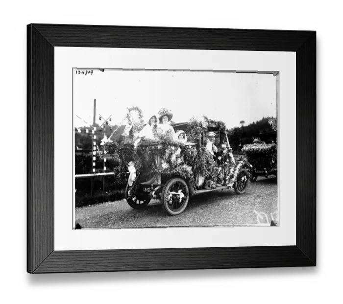 Framed Print : People in Flowered Vehicle at Easter Parade Framed Print : People in Flowered Vehicle at Easter Parade