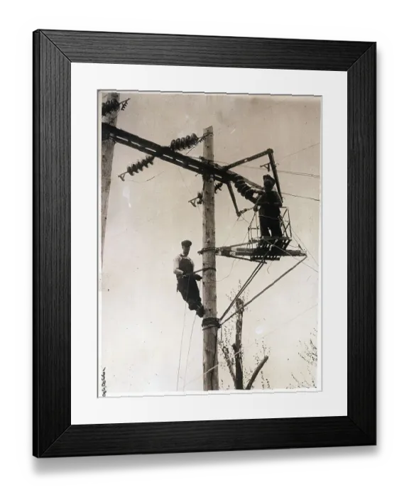 Framed Print : Electrical Line Workers on Pole Platform Framed Print : Electrical Line Workers on Pole Platform