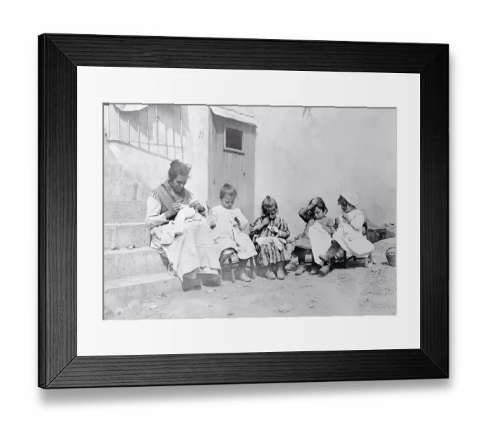 Framed Print : Woman and Young Girls Sewing Together Framed Print : Woman and Young Girls Sewing Together