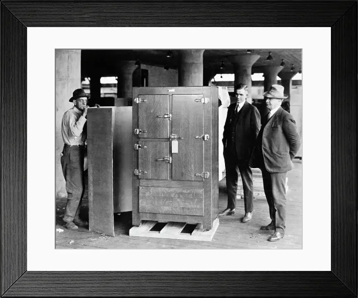 Framed Print : Men with First Refrigerator Framed Print : Men with First Refrigerator