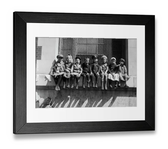 Framed Print : Immigrant Children Sitting on Window Ledge Framed Print : Immigrant Children Sitting on Window Ledge