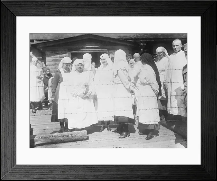Framed Print : Nurses with Typhus Infected Patients Behind Fence Framed Print : Nurses with Typhus Infected Patients Behind Fence