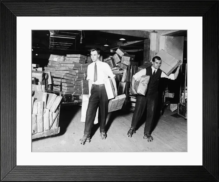 Framed Print : Roller Skating Mail Clerks Framed Print : Roller Skating Mail Clerks