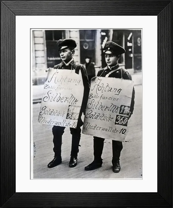 Framed Print : Two German Boys with Signs For Gold and Silver