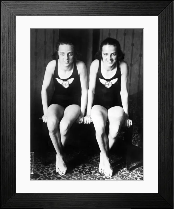 Framed Print : Twin Swimmers; Seated, Wearing Bathing Framed Print : Twin Swimmers; Seated, Wearing Bathing