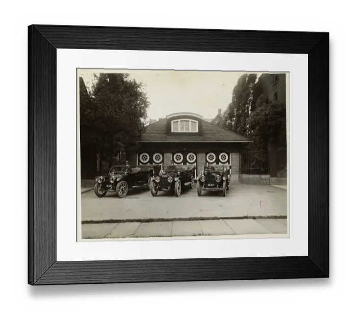 Framed Print : Drivers Sitting in Cars Outside Three Door Garage Framed Print : Drivers Sitting in Cars Outside Three Door Garage