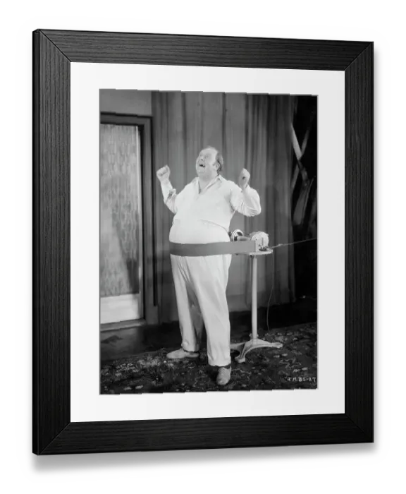 Framed Print : Obese Man Singing While Belly is Massaged