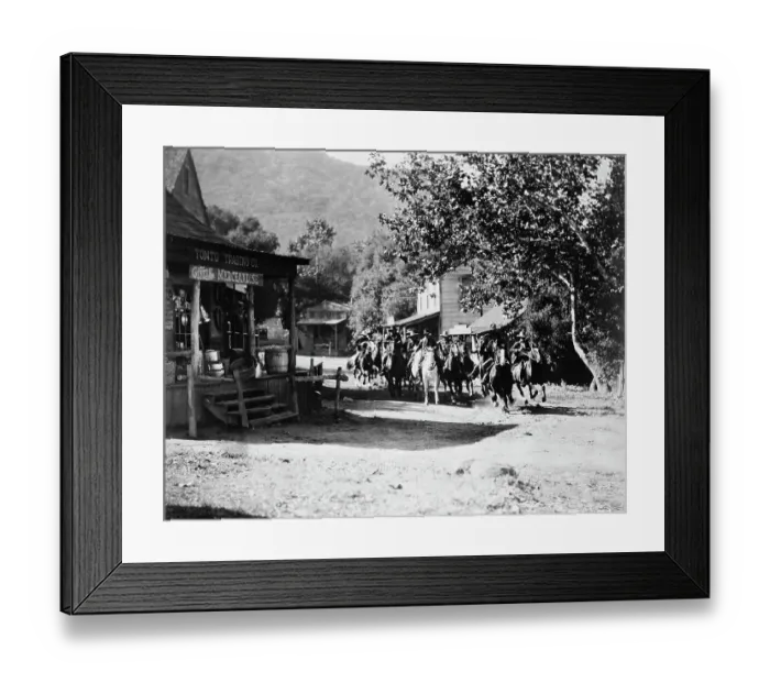 Framed Print : Cowboys Riding Through Street Framed Print : Cowboys Riding Through Street