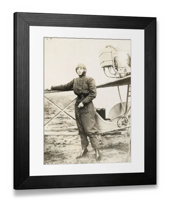 Framed Print : Aviatrix Marie Marvingt Posing by Airplane Framed Print : Aviatrix Marie Marvingt Posing by Airplane