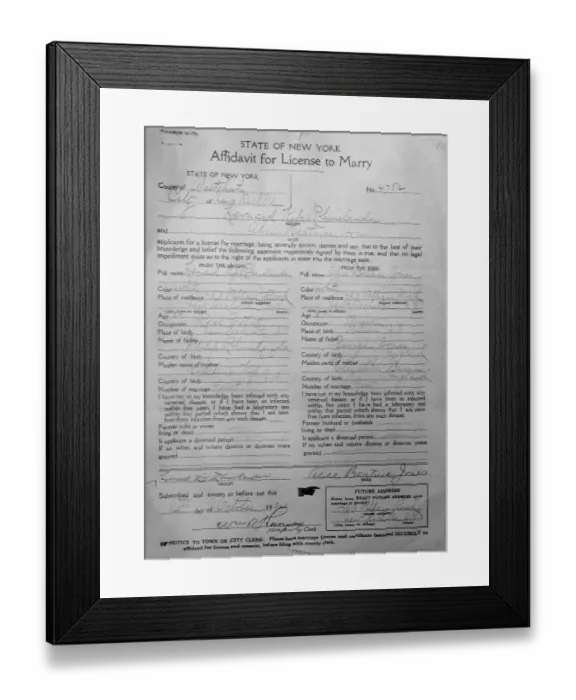 Framed Print : Marriage License for Leonard Kip Rhinelander Framed Print : Marriage License for Leonard Kip Rhinelander
