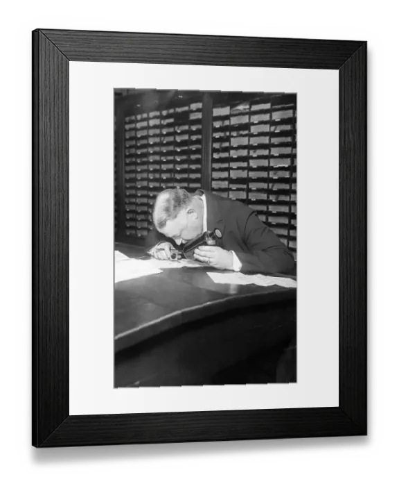 Framed Print : Detective Faurot Examining Fingerprints Framed Print : Detective Faurot Examining Fingerprints