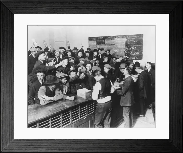 Framed Print : Crowd Of Men At Employment Office Desk Framed Print : Crowd Of Men At Employment Office Desk