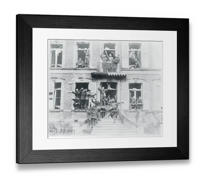 Framed Print : Jubilant Soldiers in Windows and on Balcony of Building Framed Print : Jubilant Soldiers in Windows and on Balcony of Building
