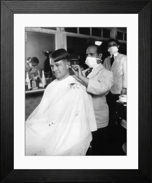Framed Print : Man Getting Haircut from Barber Wearing Surgical Mask Framed Print : Man Getting Haircut from Barber Wearing Surgical Mask