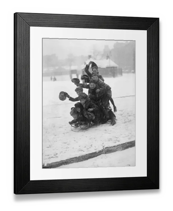 Framed Print : Kids Piled On Sled; Snow Storm Framed Print : Kids Piled On Sled; Snow Storm