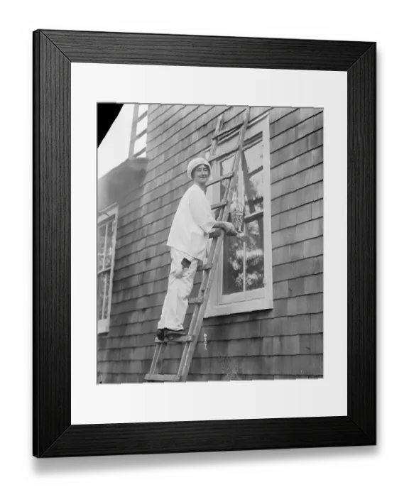 Framed Print : Woman On Ladder Painting House Framed Print : Woman On Ladder Painting House