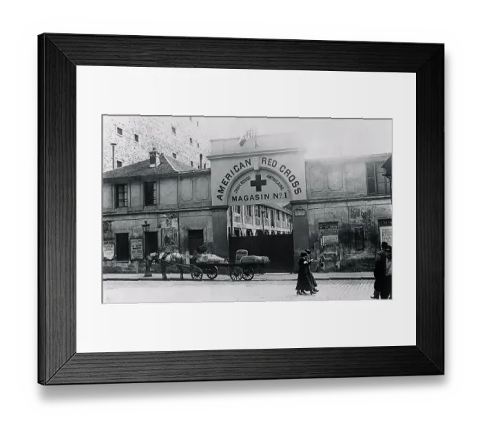 Framed Print : Red Cross Building with Pedestrians and Wagon in Front Framed Print : Red Cross Building with Pedestrians and Wagon in Front