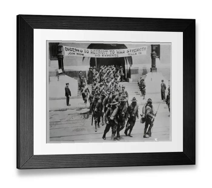 Framed Print : New War Enlistees Marching Near Banner Framed Print : New War Enlistees Marching Near Banner