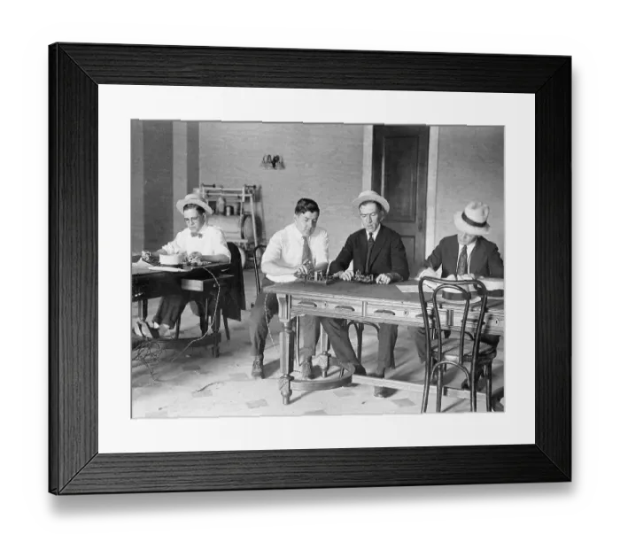 Framed Print : Telegraph Men Seated at Table Framed Print : Telegraph Men Seated at Table