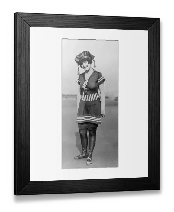 Framed Print : Woman Modeling Sailor Style Bathing Suit and Cap Framed Print : Woman Modeling Sailor Style Bathing Suit and Cap