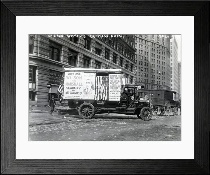 Framed Print : Propaganda Poster On Wilson Campaign Car Framed Print : Propaganda Poster On Wilson Campaign Car