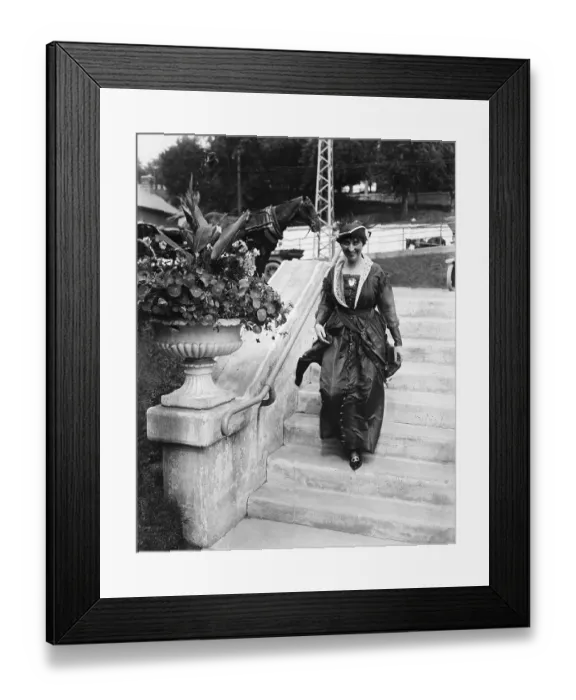 Framed Print : Woman Walking Past Flowers And Down Step Framed Print : Woman Walking Past Flowers And Down Step