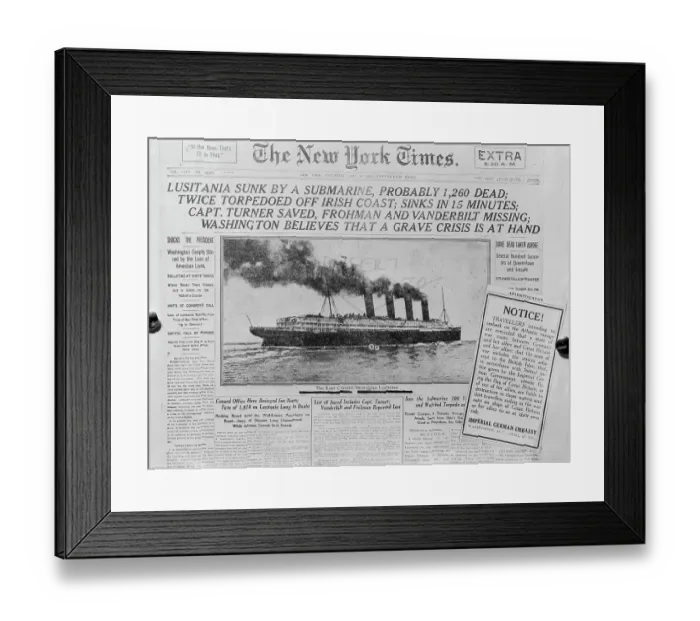 Framed Print : New York Times Front Page on Sinking of Lusitania Framed Print : New York Times Front Page on Sinking of Lusitania