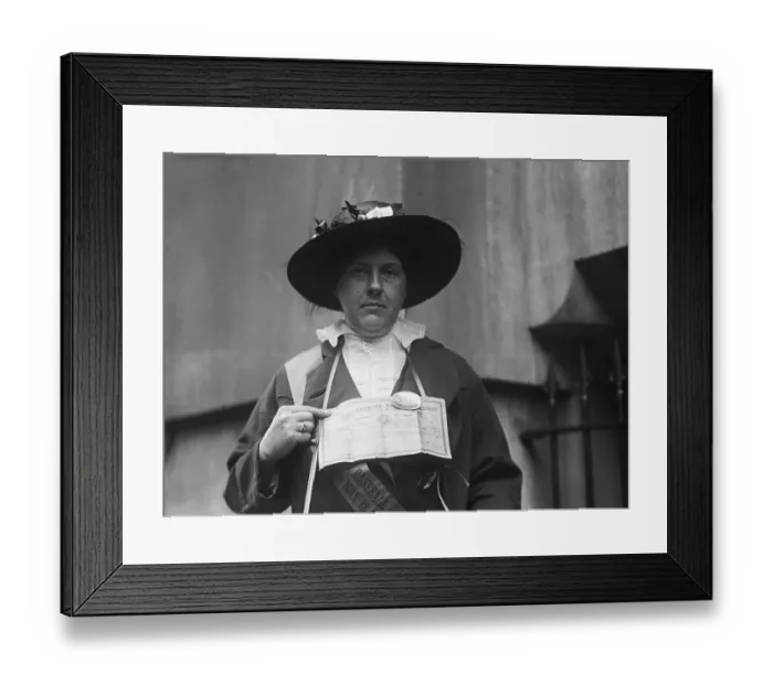 Framed Print : Suffragette Pointing to Sign on Her Neck Framed Print : Suffragette Pointing to Sign on Her Neck