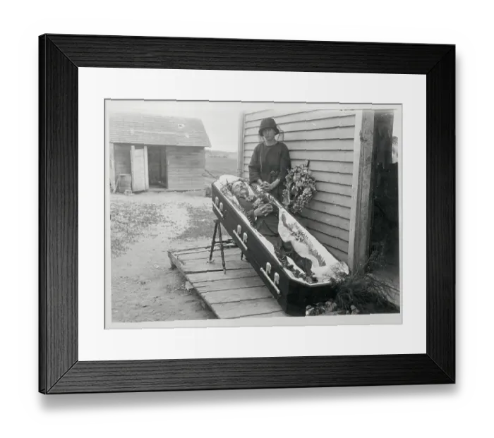 Framed Print : Widow Posing with Her Deceased Husband Outside Cabin Framed Print : Widow Posing with Her Deceased Husband Outside Cabin